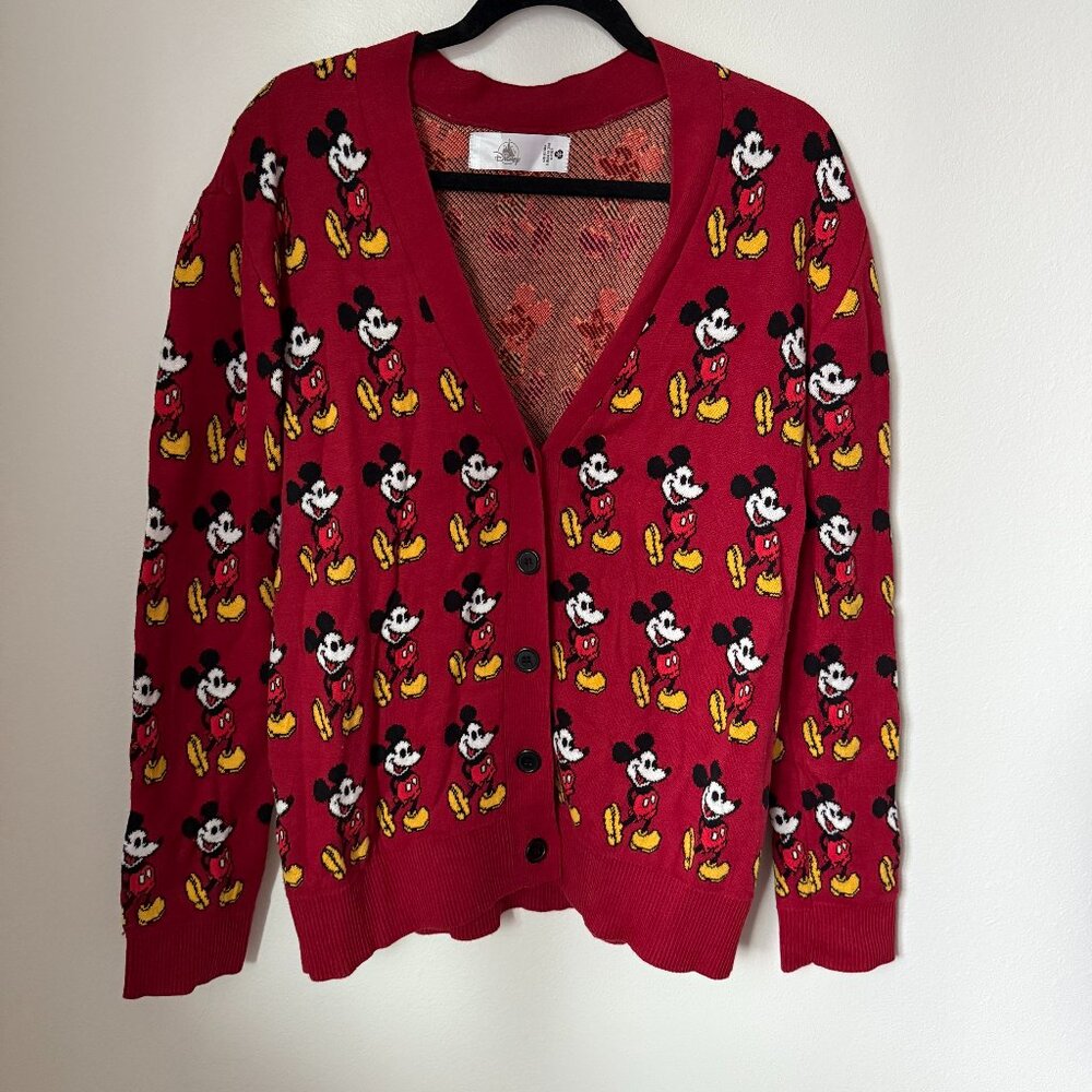 Disney Store Red Mickey Mouse All Over Print Knit Cardigan Sweater S